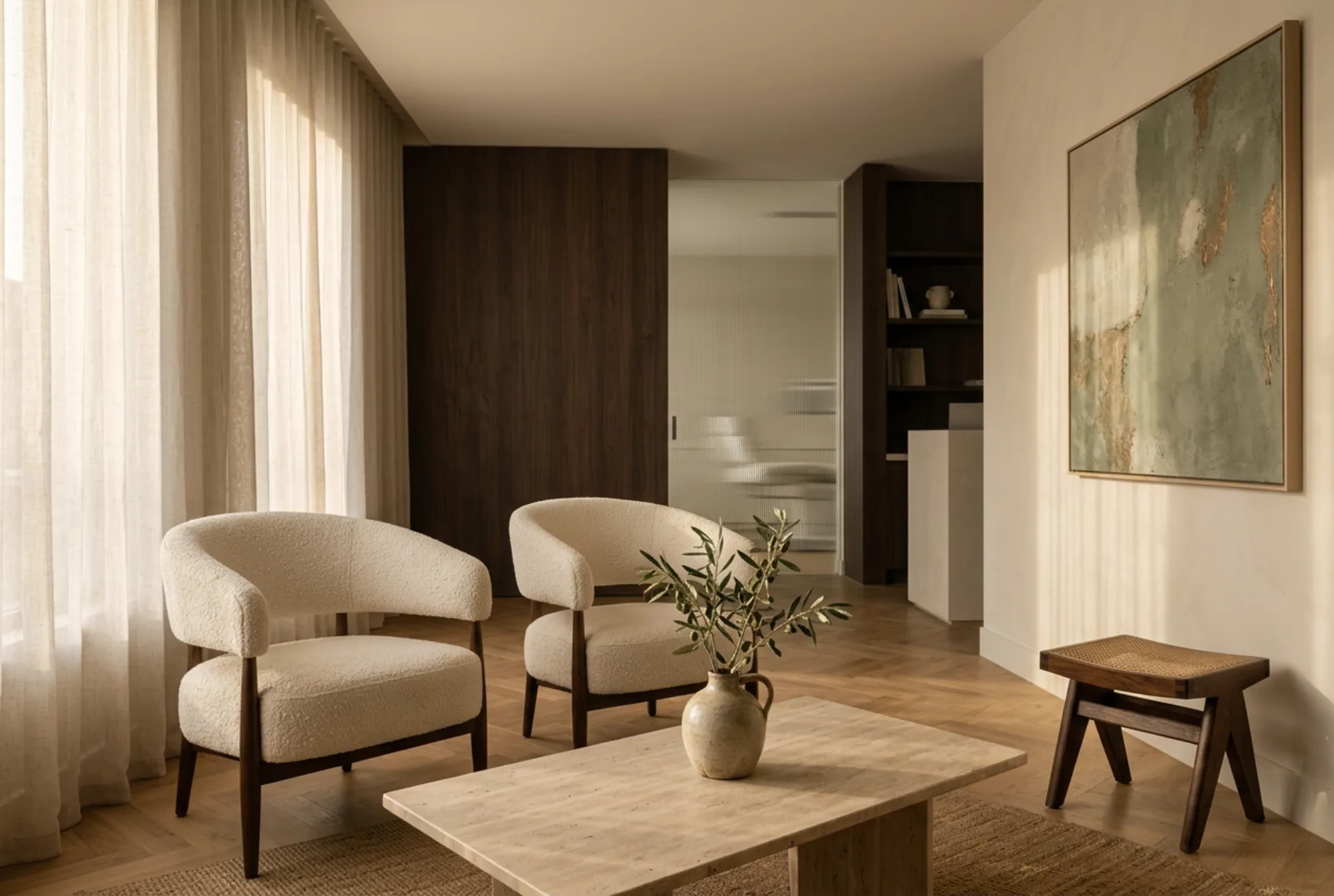 Зона ожидания Aera — lounge с креслами буклé и ветвью оливы